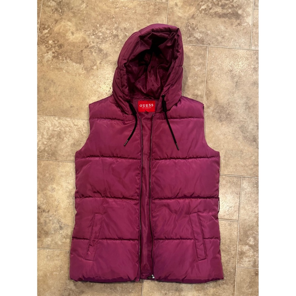 Guess  Womens Hooded Puffer Vest Magenta Purple Quilted Zip Up Small